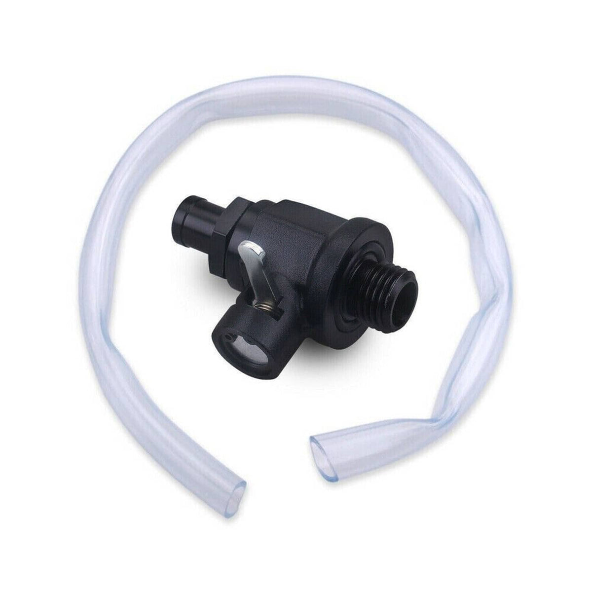 Engine oil drain valve with clear tube and black fittings, M14 x 1.5 thread
