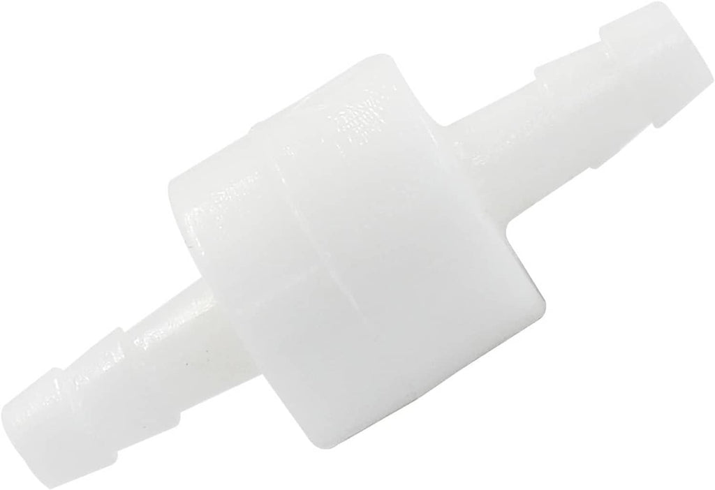 White PVDF one-way check valve connector, close-up side profile