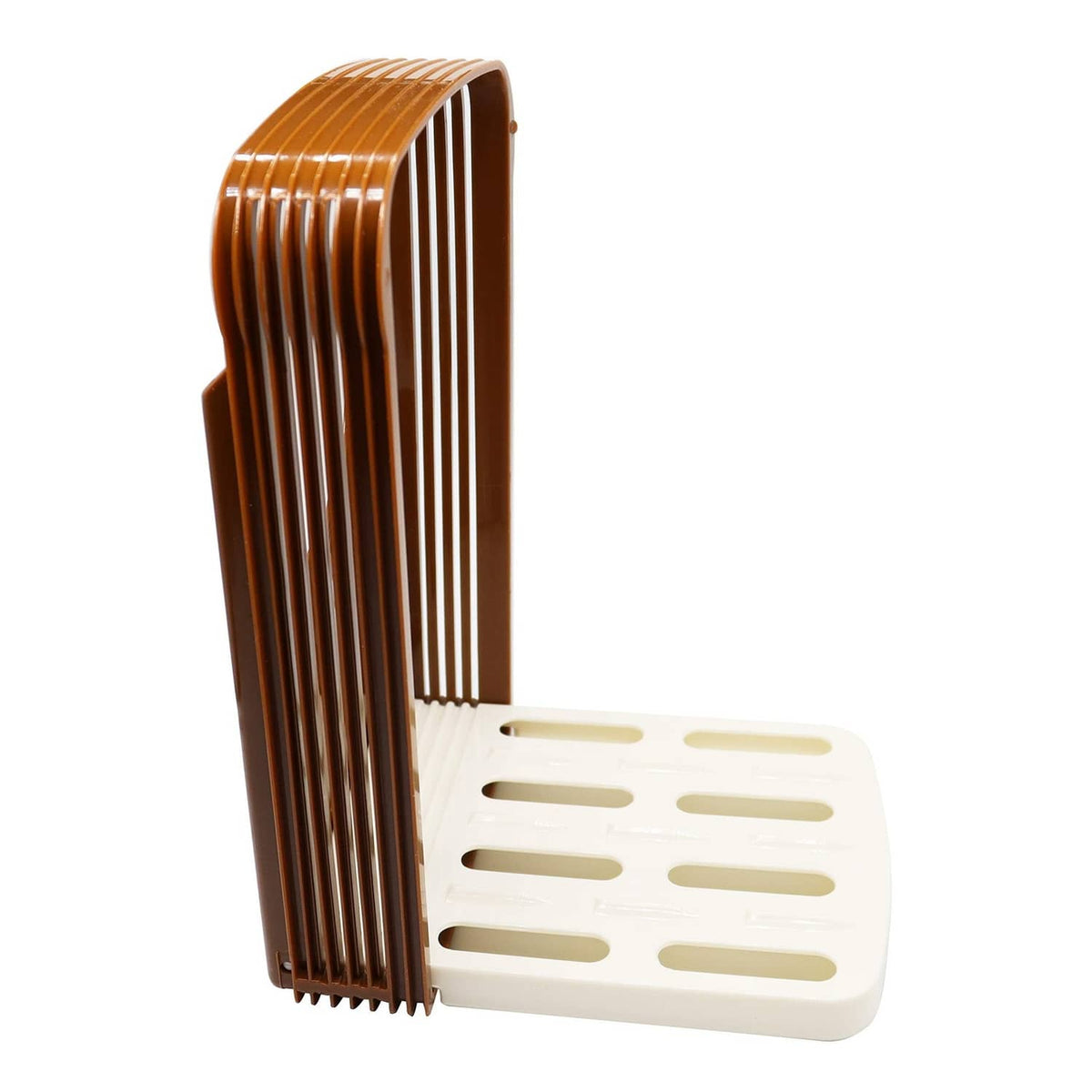 Foldable brown bread slicing guide stacked with white base tray for compact storage