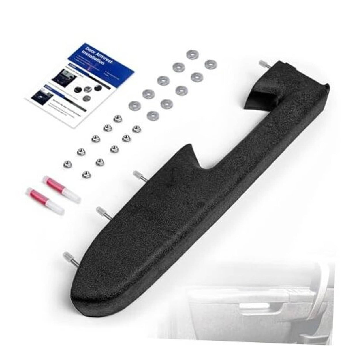 Black front driver-side armrest repair kit with screws, washers, and instruction card