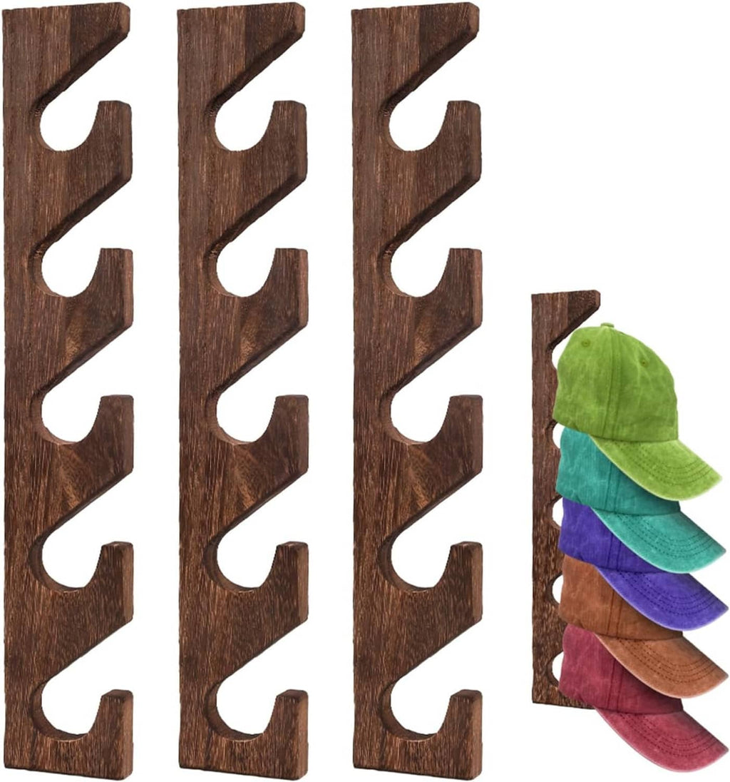 Set of three wooden cap holders with curved slots; caps shown on the rack