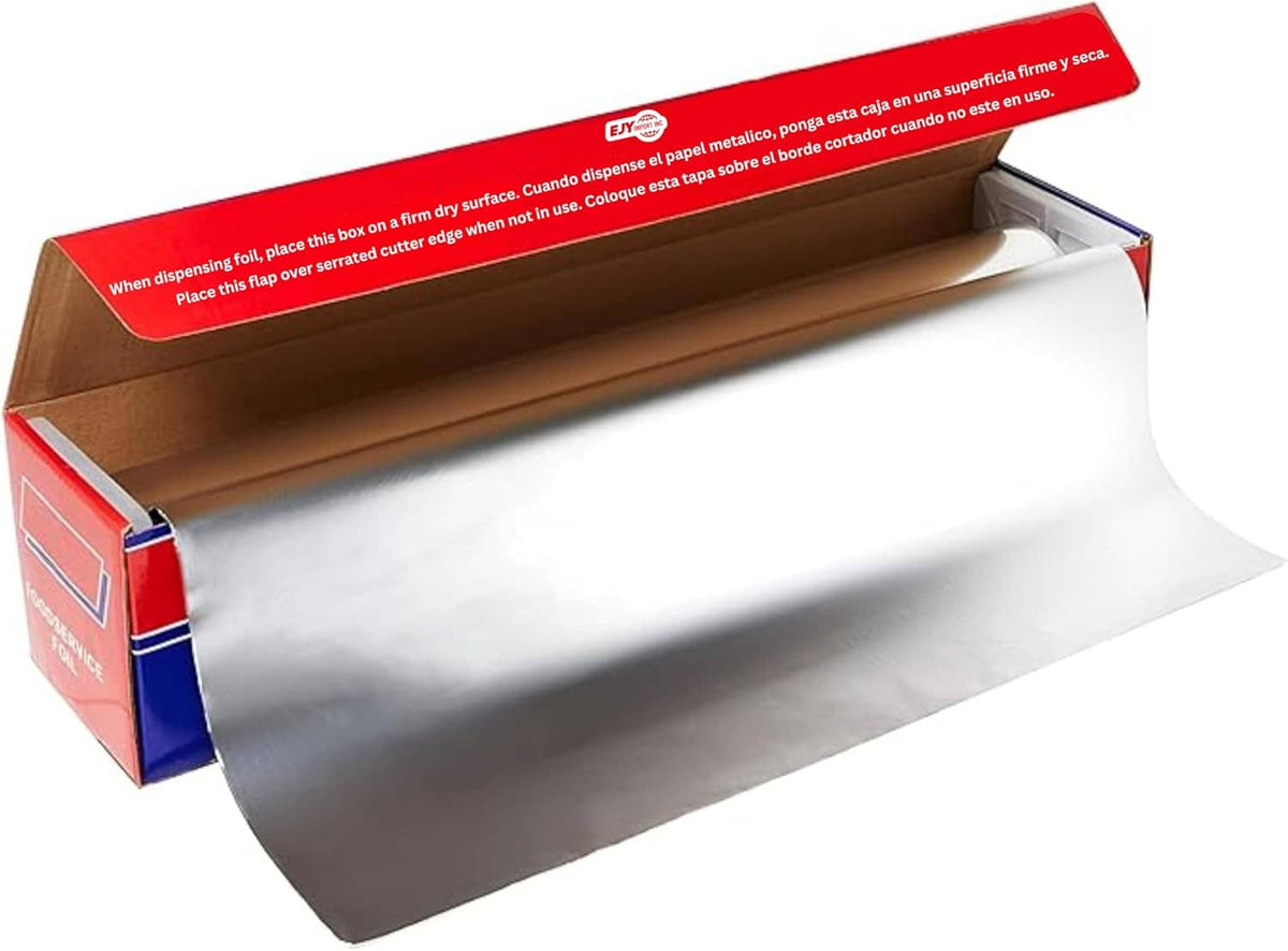 Heavy-duty aluminum foil roll partially pulled from open branded carton, silver sheet.