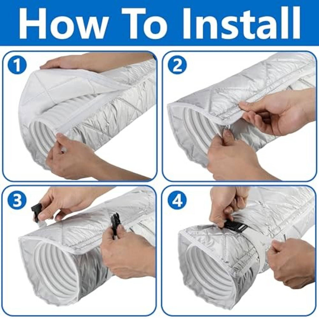Quilted AC exhaust hose insulation wrap being secured with a black buckle strap