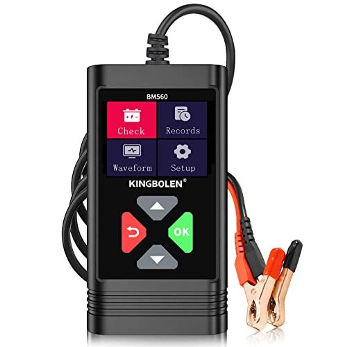 Car battery tester handheld unit with color display and connected battery lead clamps
