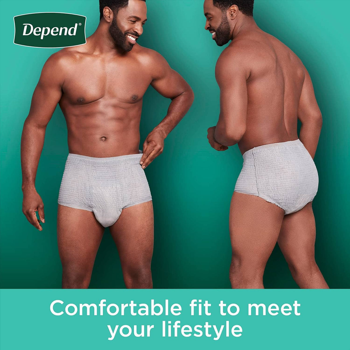 Depend adult incontinence underwear, white briefs worn by men