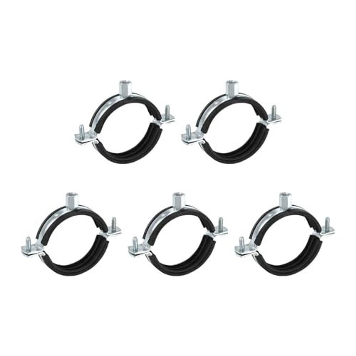 Five-pack split ring pipe hangers, black rubber gasket and silver mounting bolts
