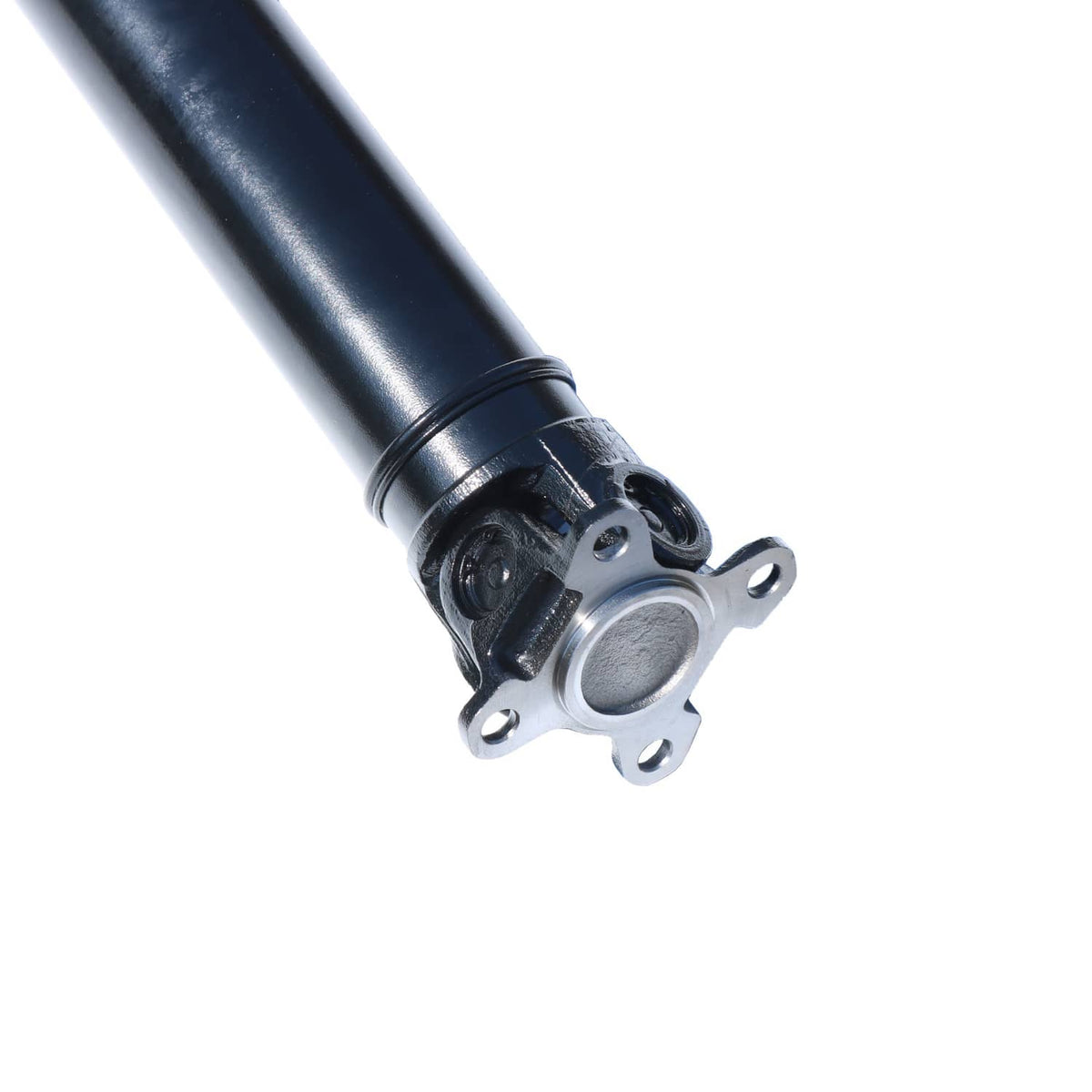 Flanged yoke end of rear propeller shaft with bolt holes, dark blue steel