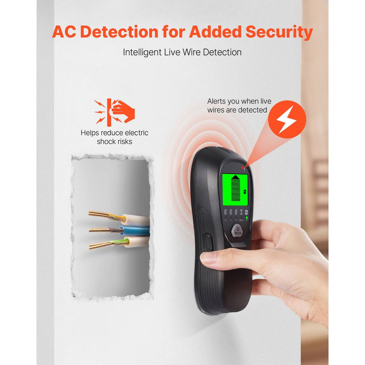 Black electronic wall scanner showing AC live wire detection on LCD
