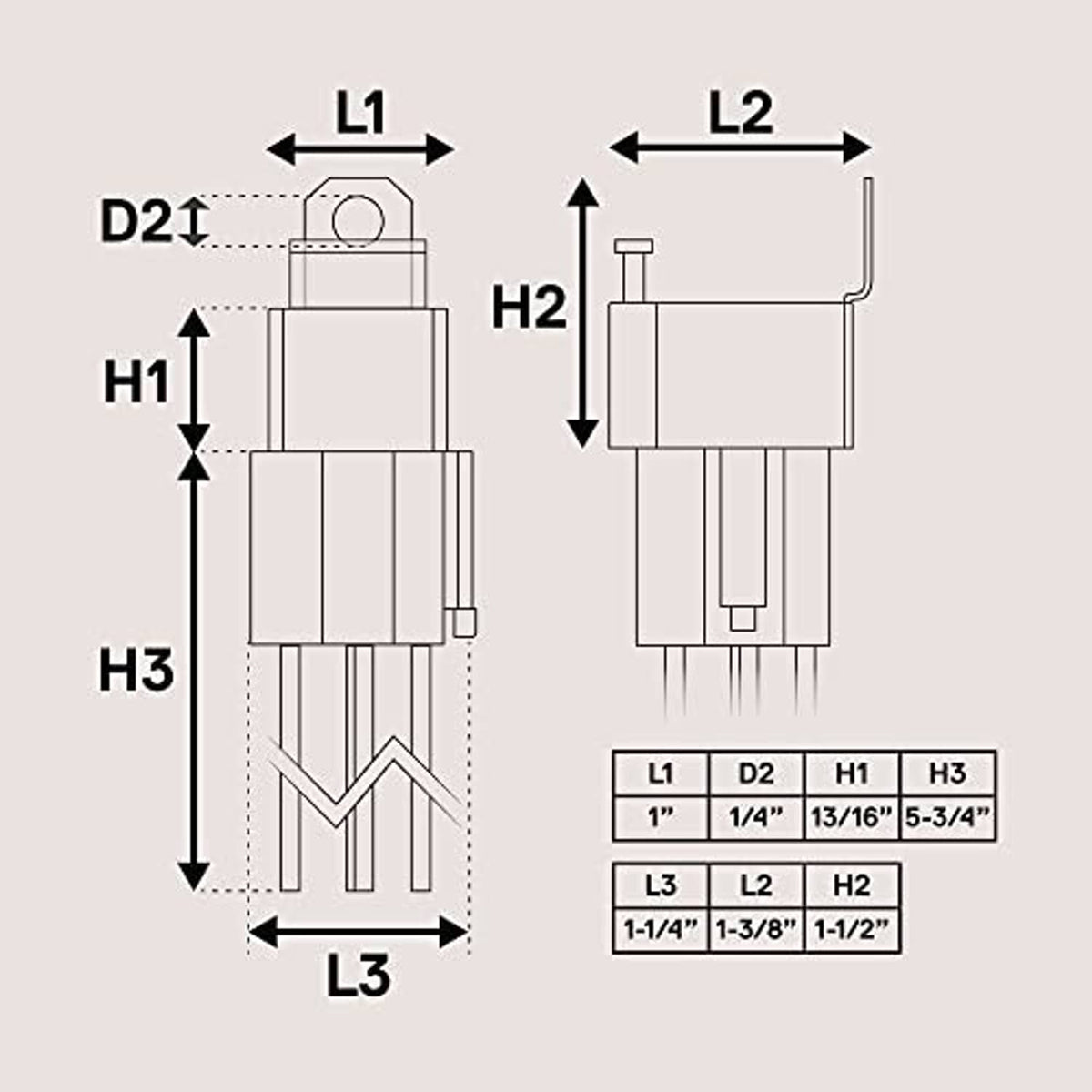 Relay switch dimensions diagram showing H1 H2 H3 and L1 L2 L3 measurement marks