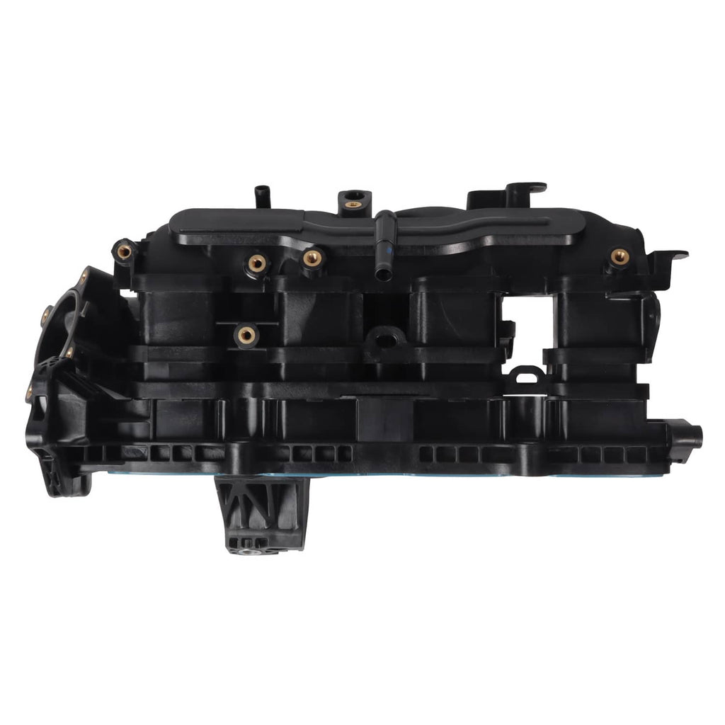 Black air intake manifold assembly with top cover and multiple mounting brackets