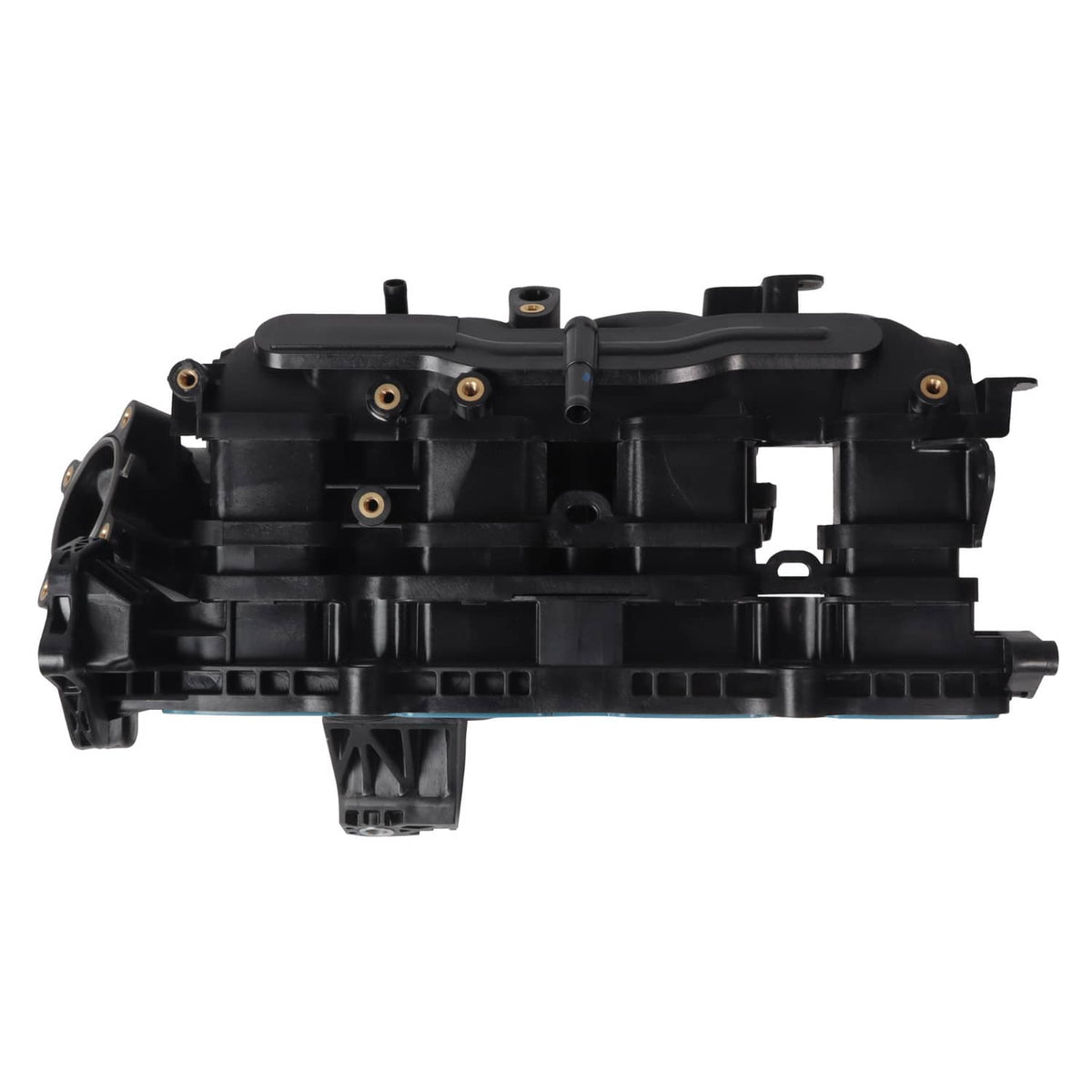 Black air intake manifold assembly with top cover and multiple mounting brackets