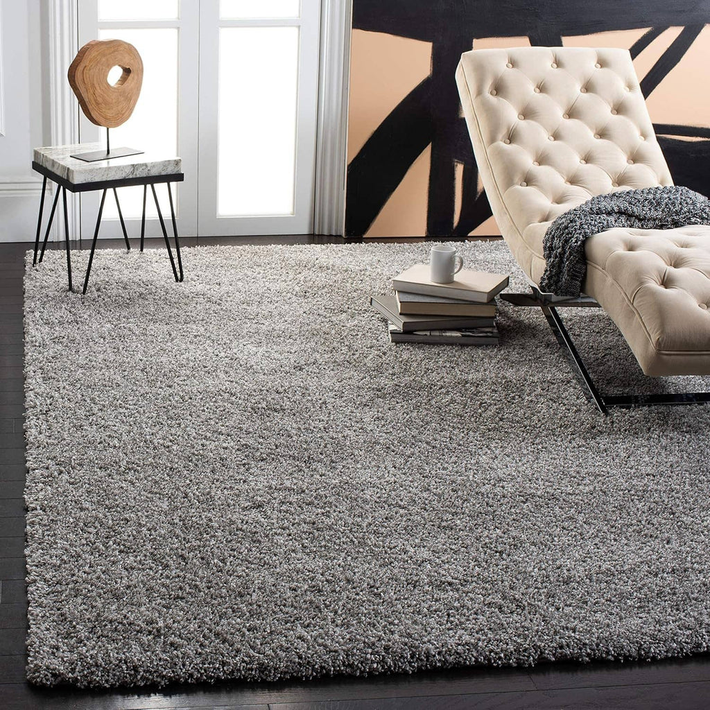 Large silver shag area rug with dense plush pile