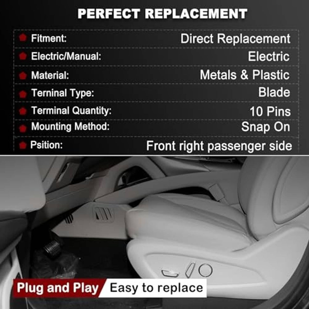 Front right passenger seat power switch replacement with multi-pin connector