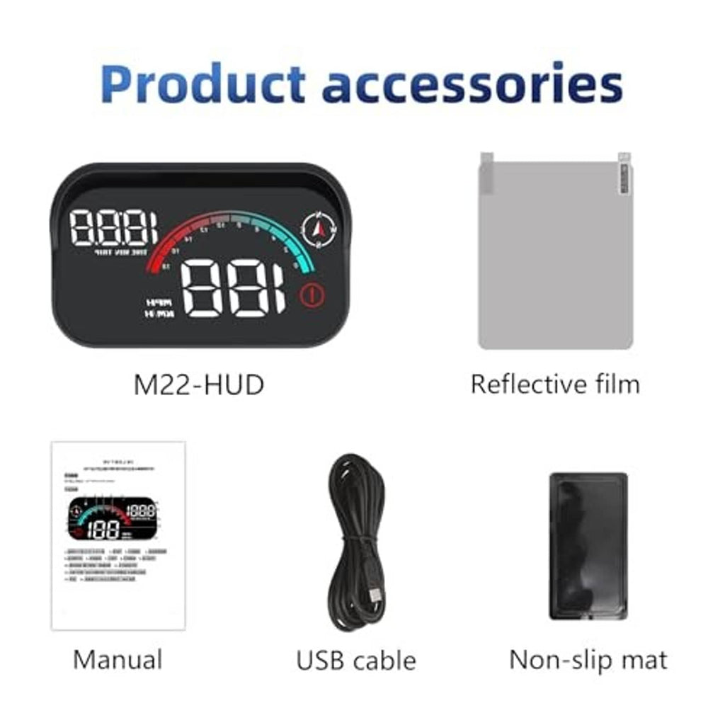 GPS HUD accessories set with reflective film, non-slip mat, USB cable, and manual