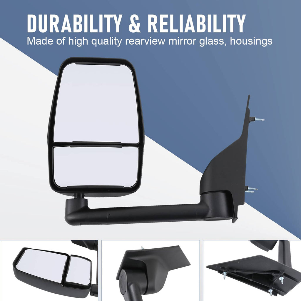 Black manual towing mirror with rearview glass and durable housing, close-up