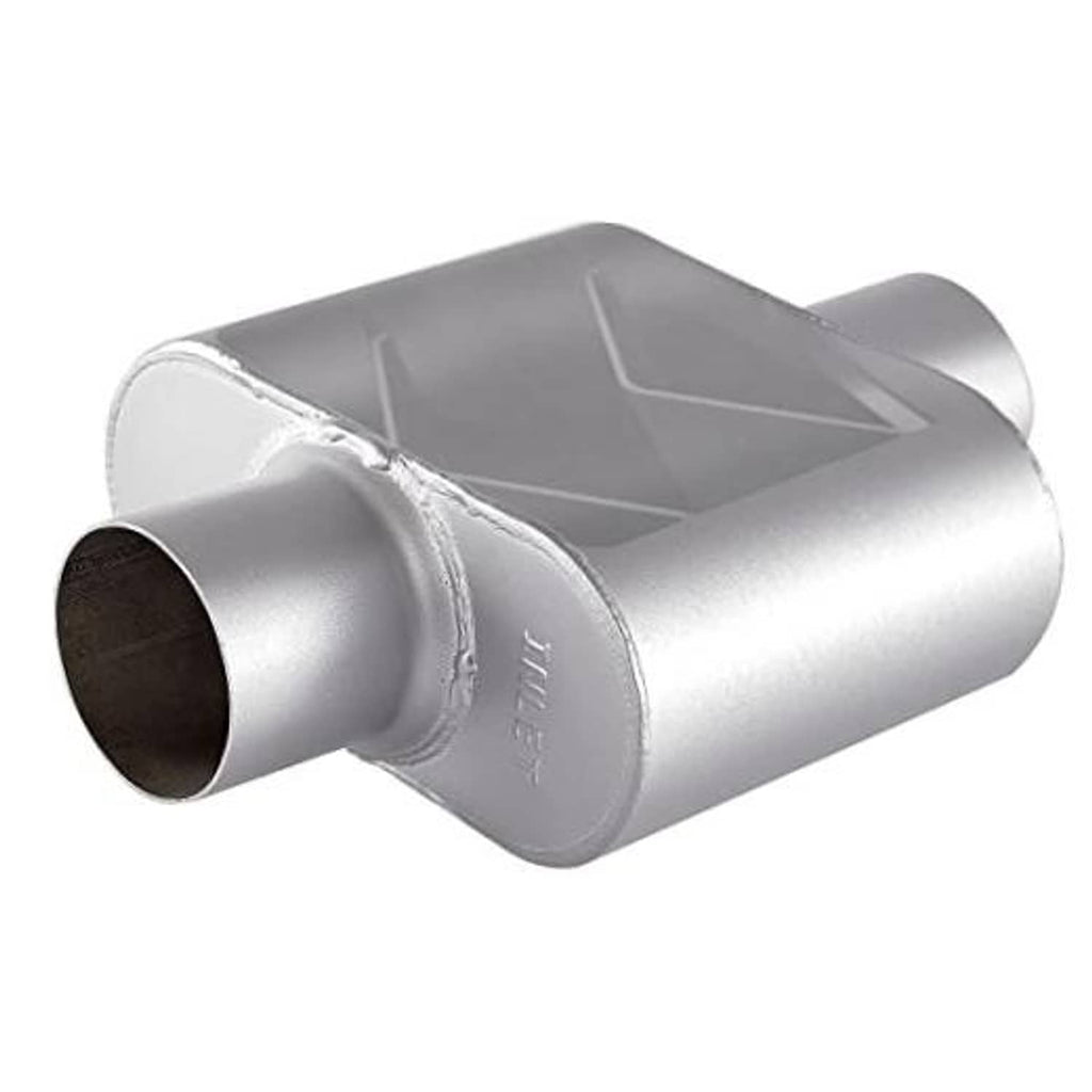 Silver metal exhaust muffler with front inlet and rear outlet stub, oval chamber body