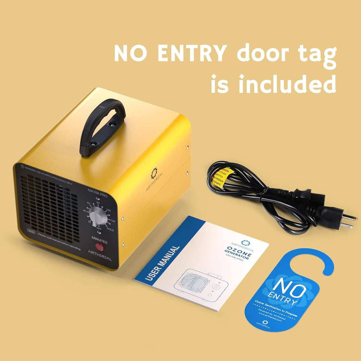 Yellow ozone generator with black power cord and front intake grille