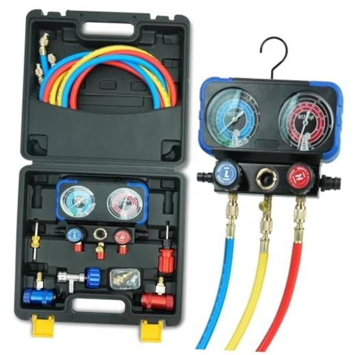 3-way AC manifold gauge set with blue and red dials and multicolor hoses in case