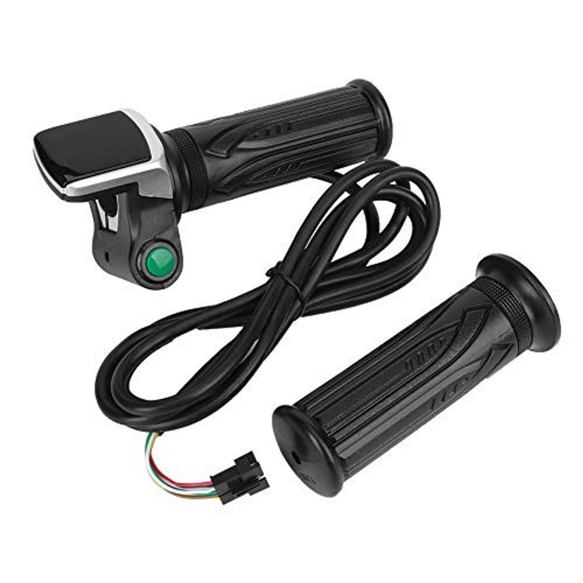 Motorcycle electric throttle grip with green button and LCD display, black rubber grips