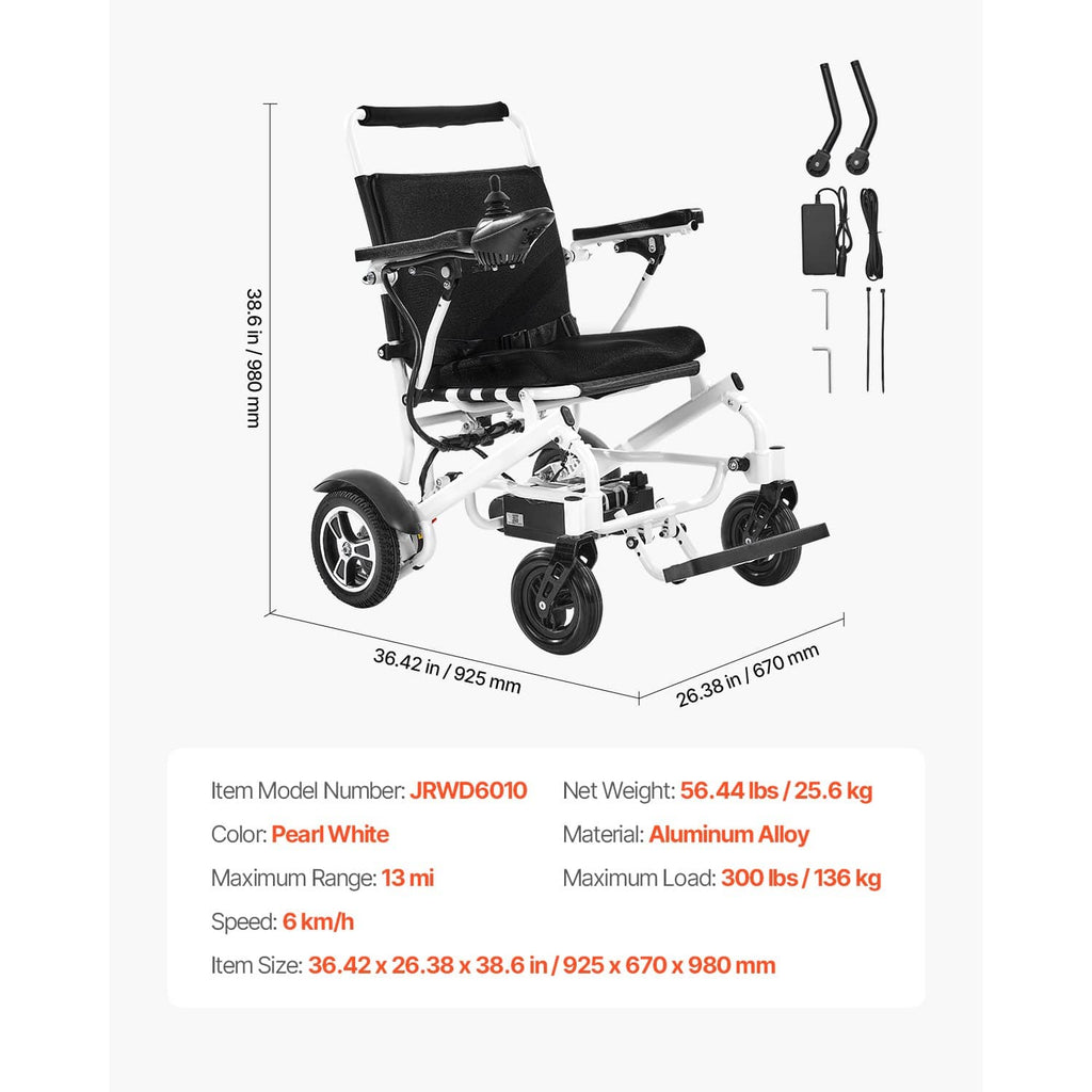 Electric foldable wheelchair with white frame, black seat, joystick controller, and footrests