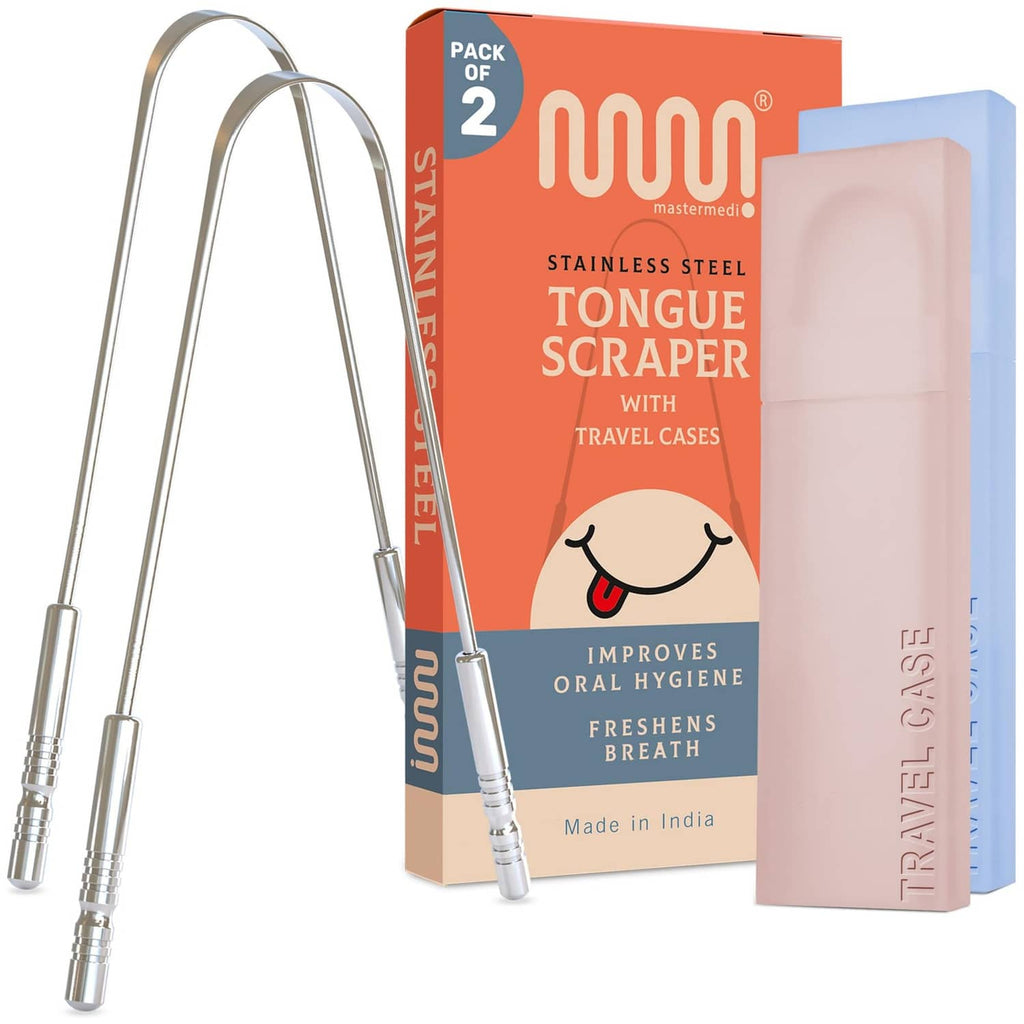 Stainless steel tongue scraper set with two travel cases, shown with blister pack.