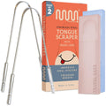 Stainless steel tongue scraper set with two travel cases, shown with blister pack.