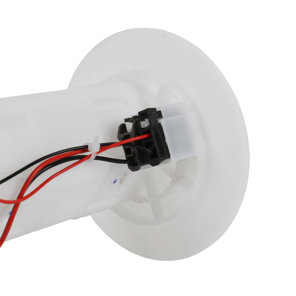 Fuel pump assembly with white flange and electrical connector with red and black wires