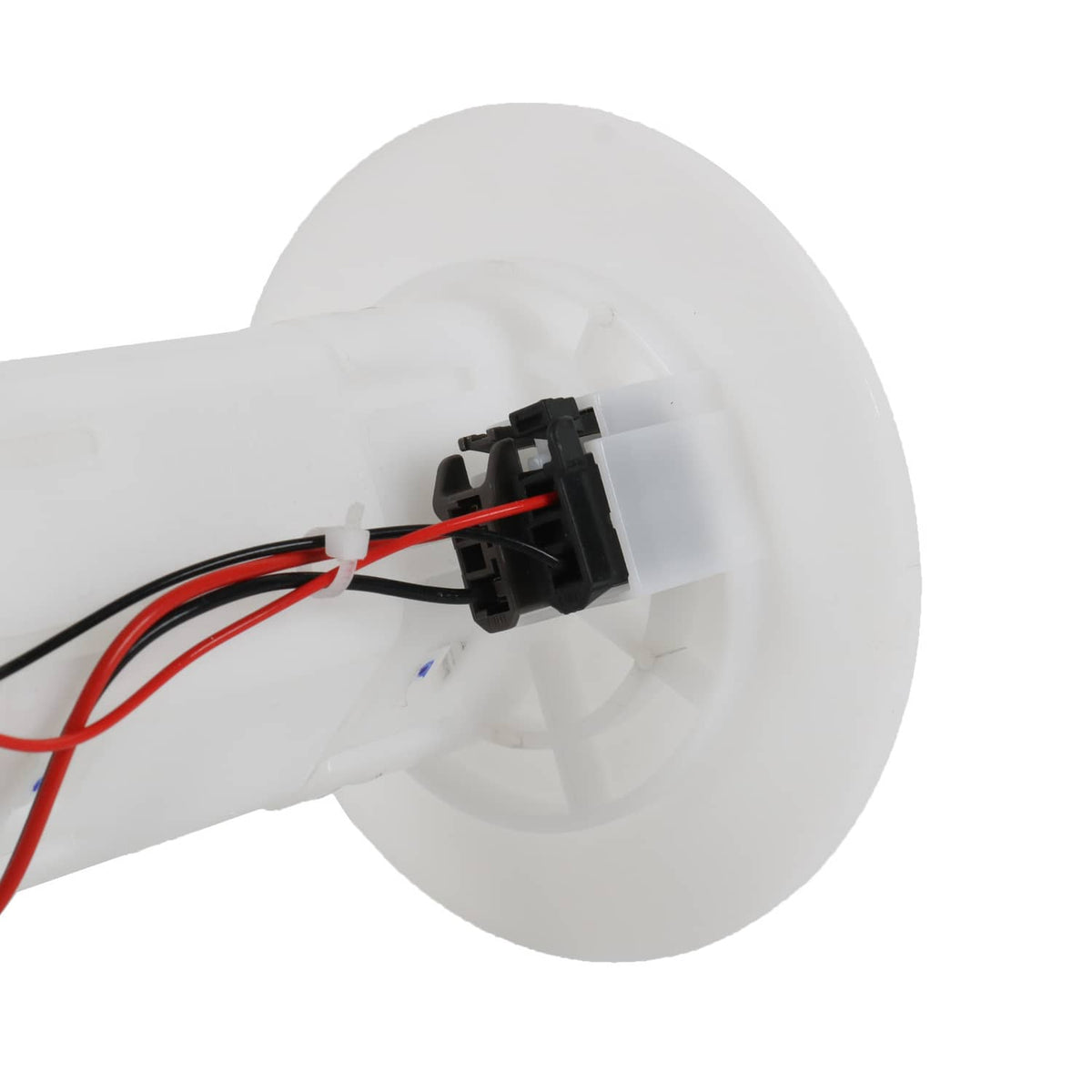 Fuel pump assembly with white flange and electrical connector with red and black wires