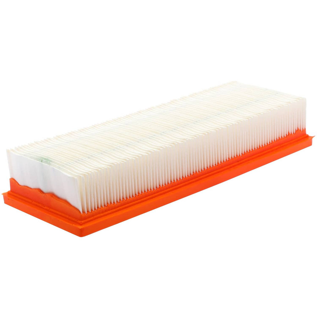 Replacement engine air filter with orange frame and pleated white paper, side view