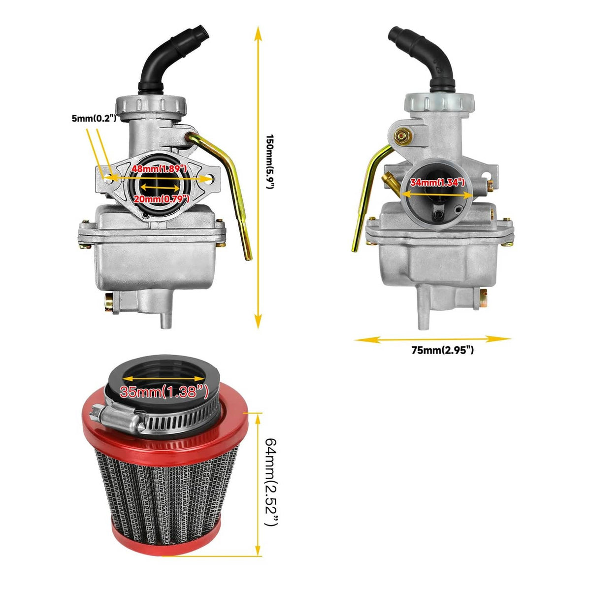 Carburetor kit size diagram with air filter, black intake hoses, and measured parts.