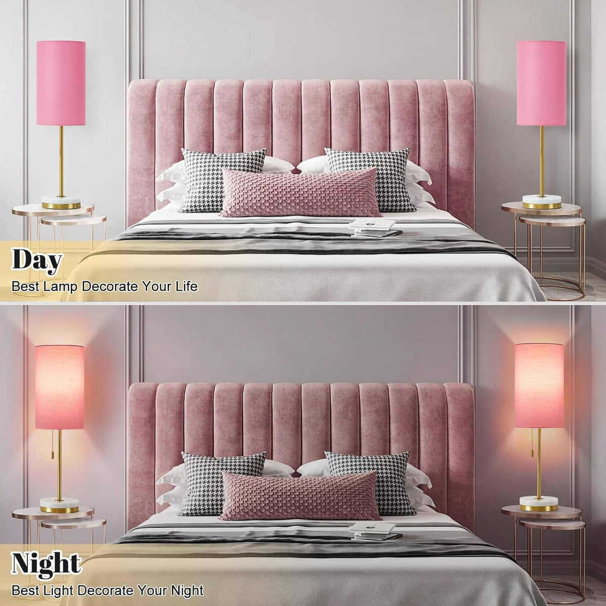 Two minimalist table lamps with pink shades, gold stems, and round white bases.