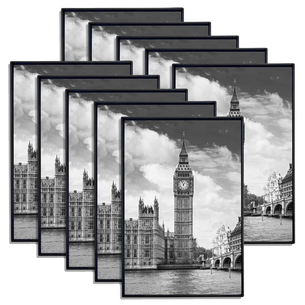 Black 4x6 photo frame set of 10, stacked with dark borders and clear glass