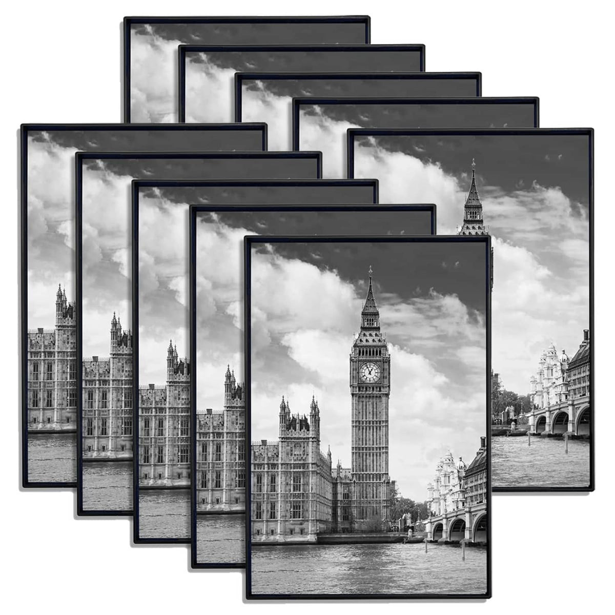 Black 4x6 photo frame set of 10, stacked with dark borders and clear glass