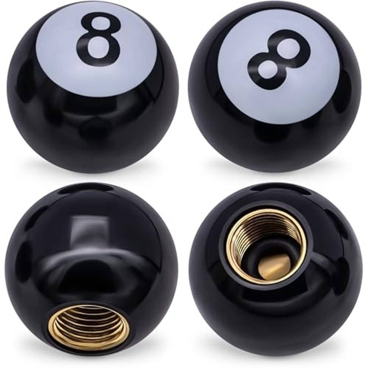 Black 8-ball tire valve caps with 8 icon and visible brass-gold threads