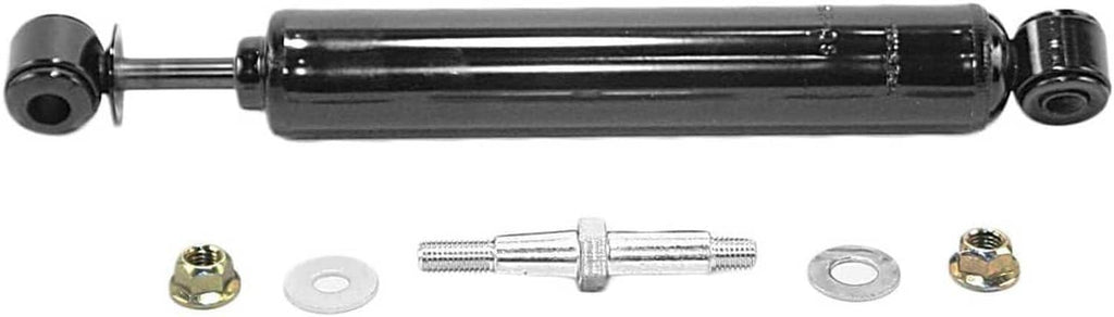 Black steering damper with rod ends and included mounting hardware, compact linear shape