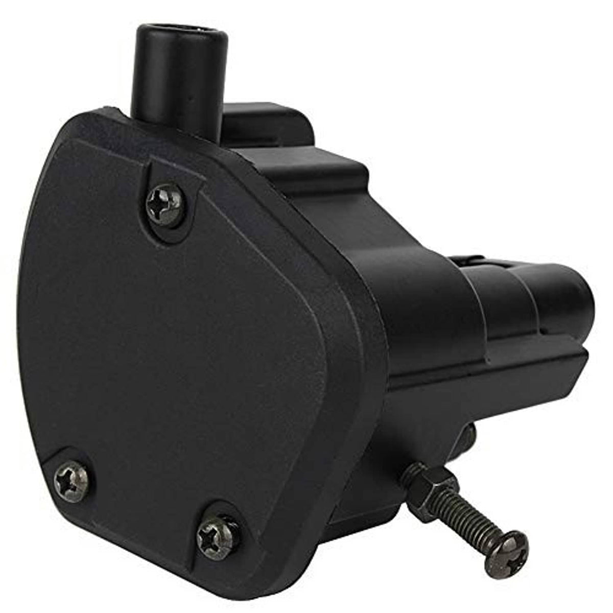Black thumb throttle housing with mounting holes and threaded fastener