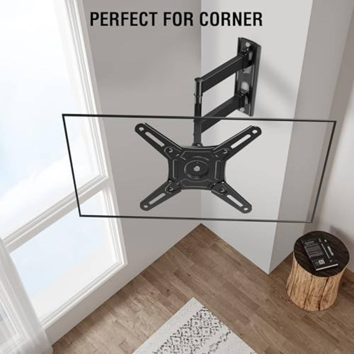 Full-motion TV wall mount bracket for corner installation with monitor positioned above floor
