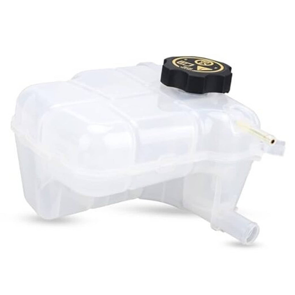 Coolant expansion tank with black cap, translucent white plastic and side outlet