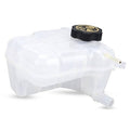 Coolant expansion tank with black cap, translucent white plastic and side outlet