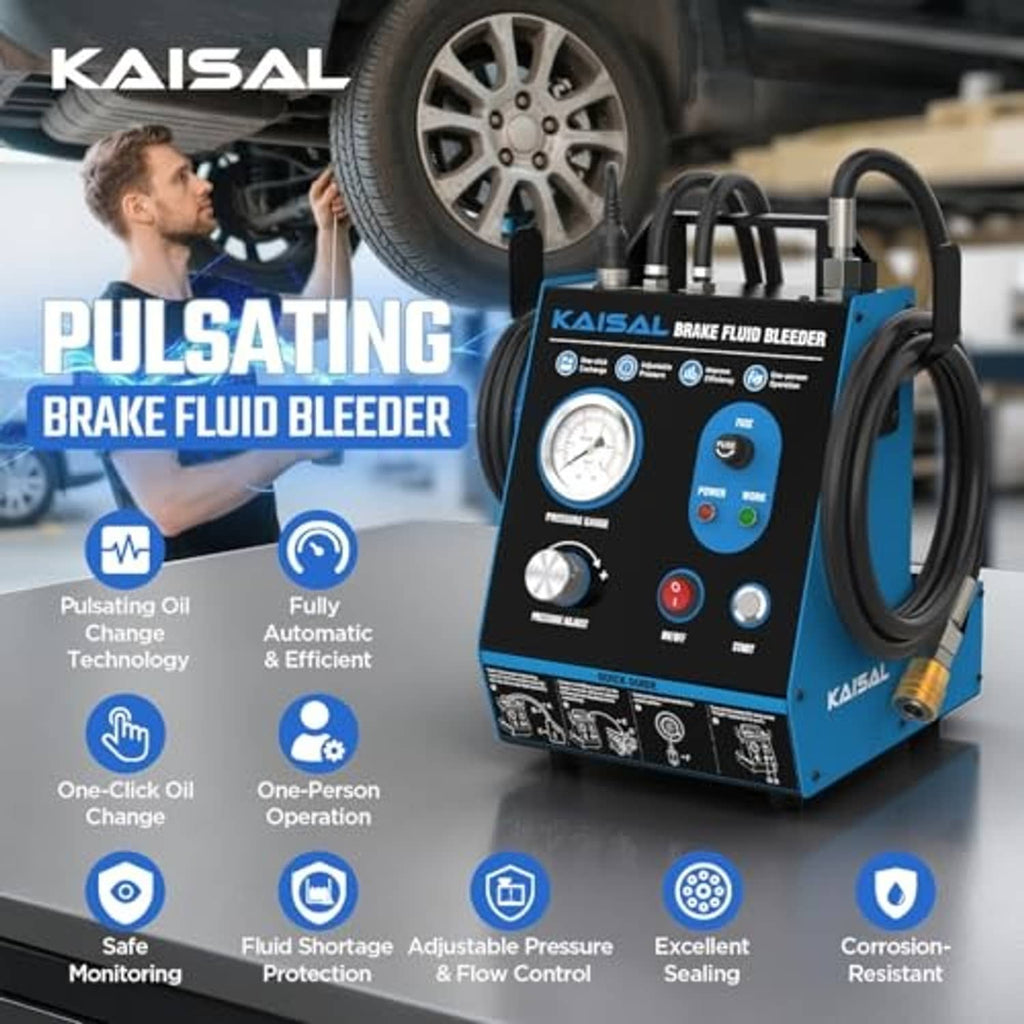 Blue and black electric brake fluid bleeder unit with front pressure gauge and hoses