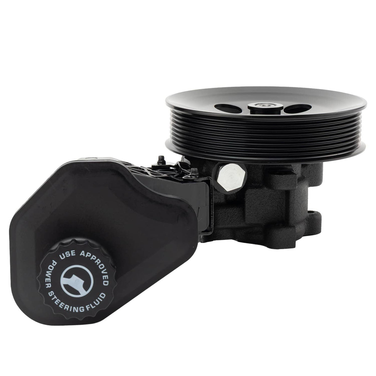 Power steering pump with reservoir, side view of reservoir tank and funnel-shaped cap