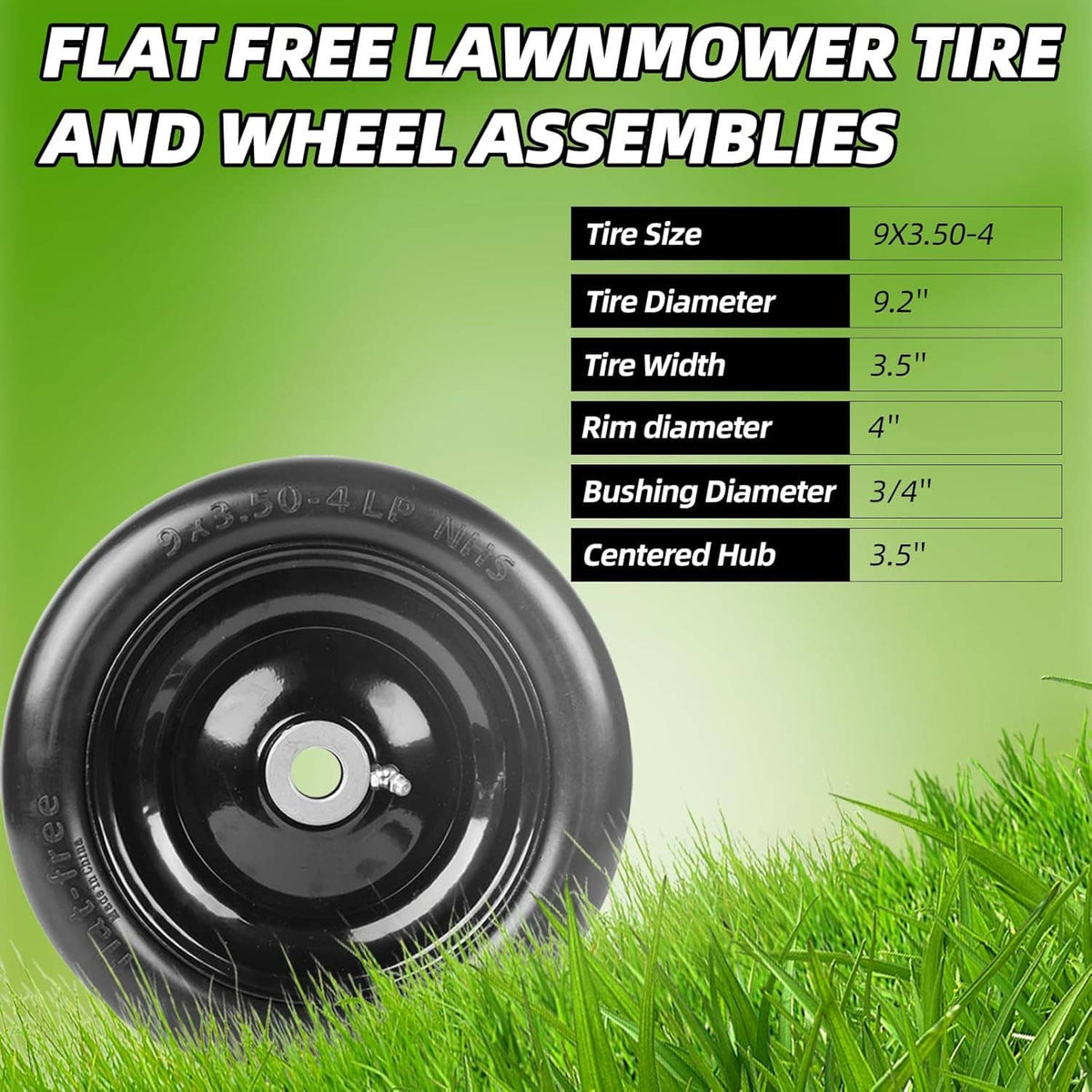 Black flat-free lawnmower tire with centered hub and 3/4 in bushing