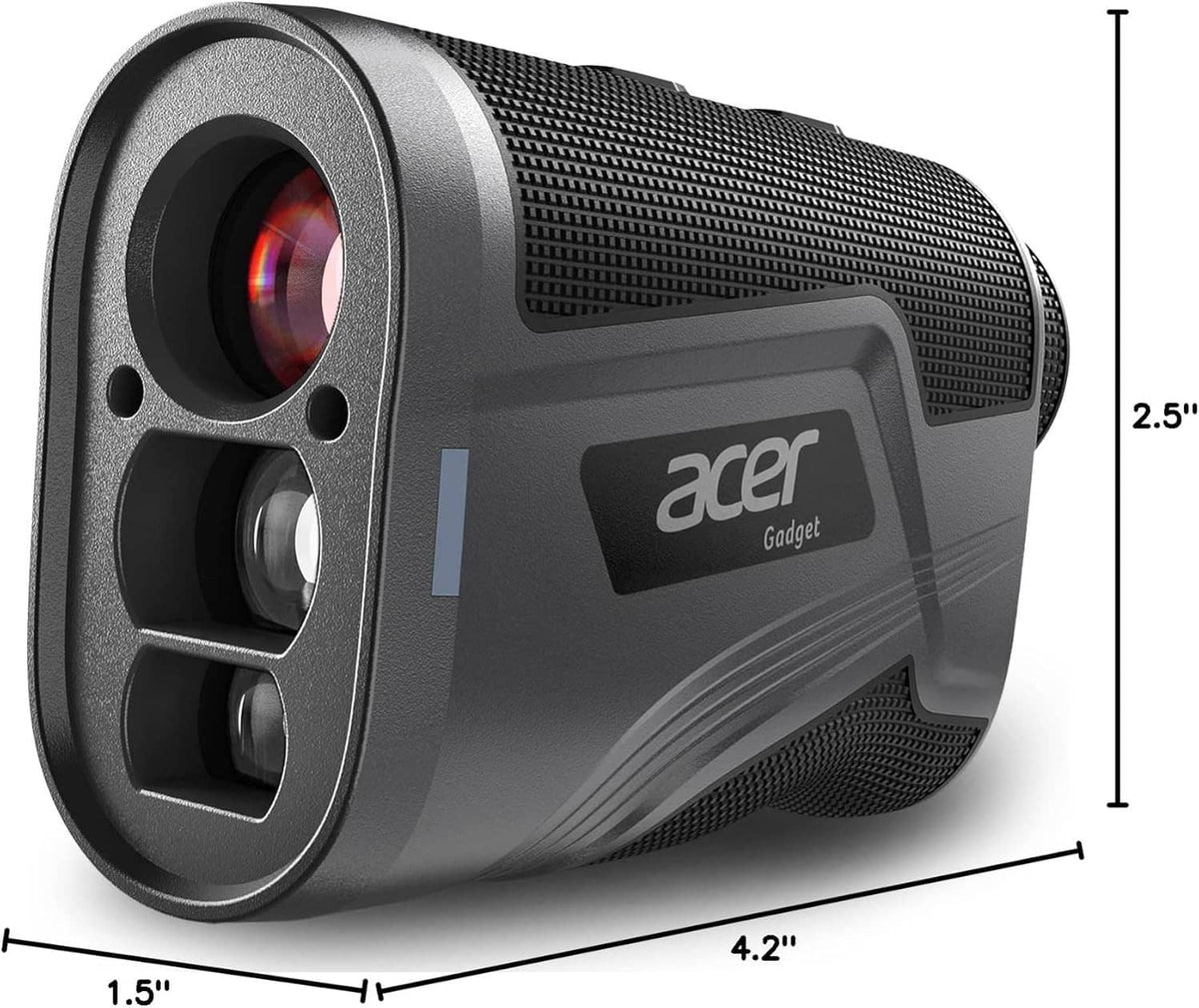 Gray Acer Gadget handheld rangefinder with dual lenses and side profile dimensions