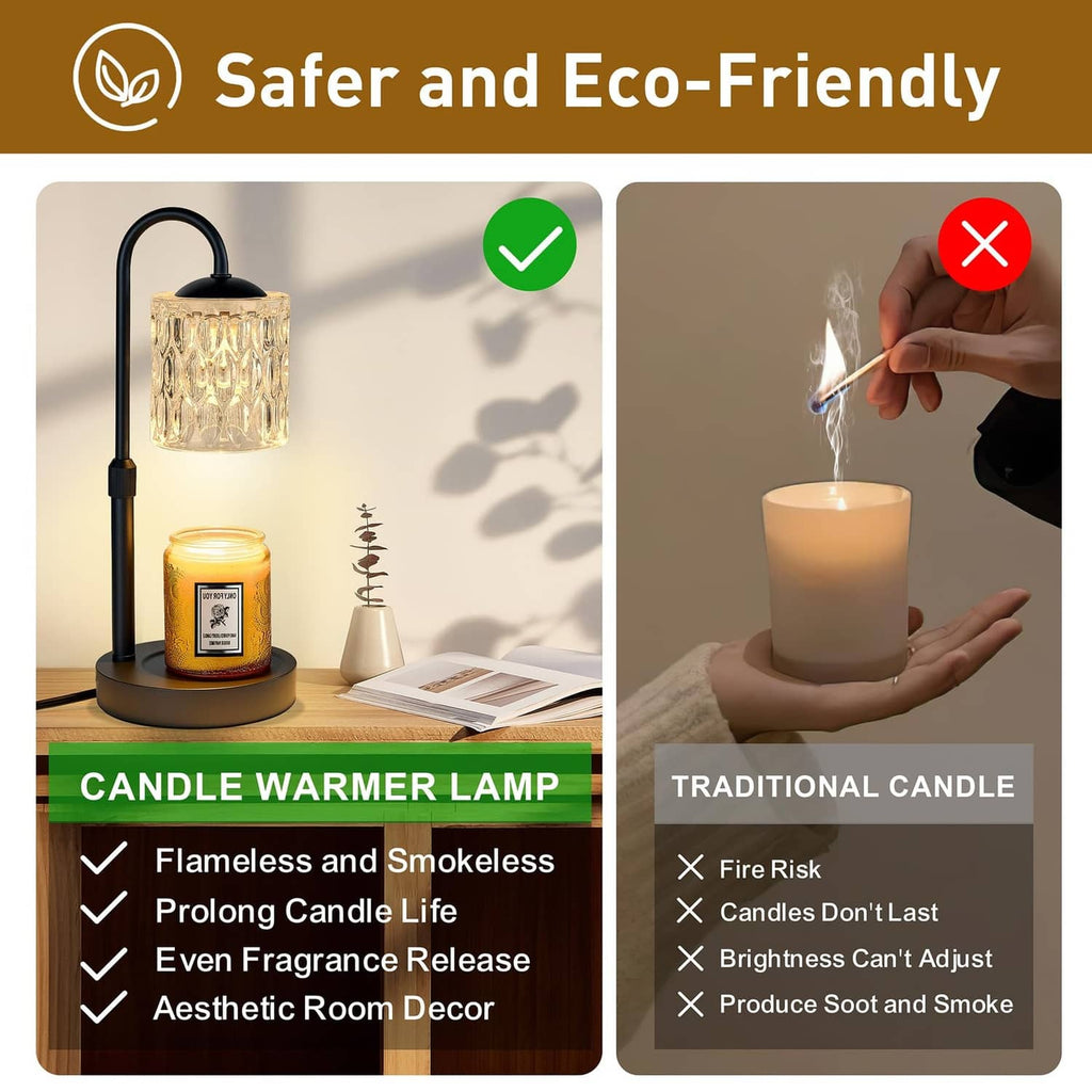 Candle warmer lamp with clear glass shade warming a jar candle, flameless design