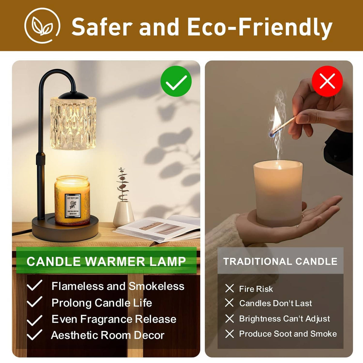 Candle warmer lamp with clear glass shade warming a jar candle, flameless design