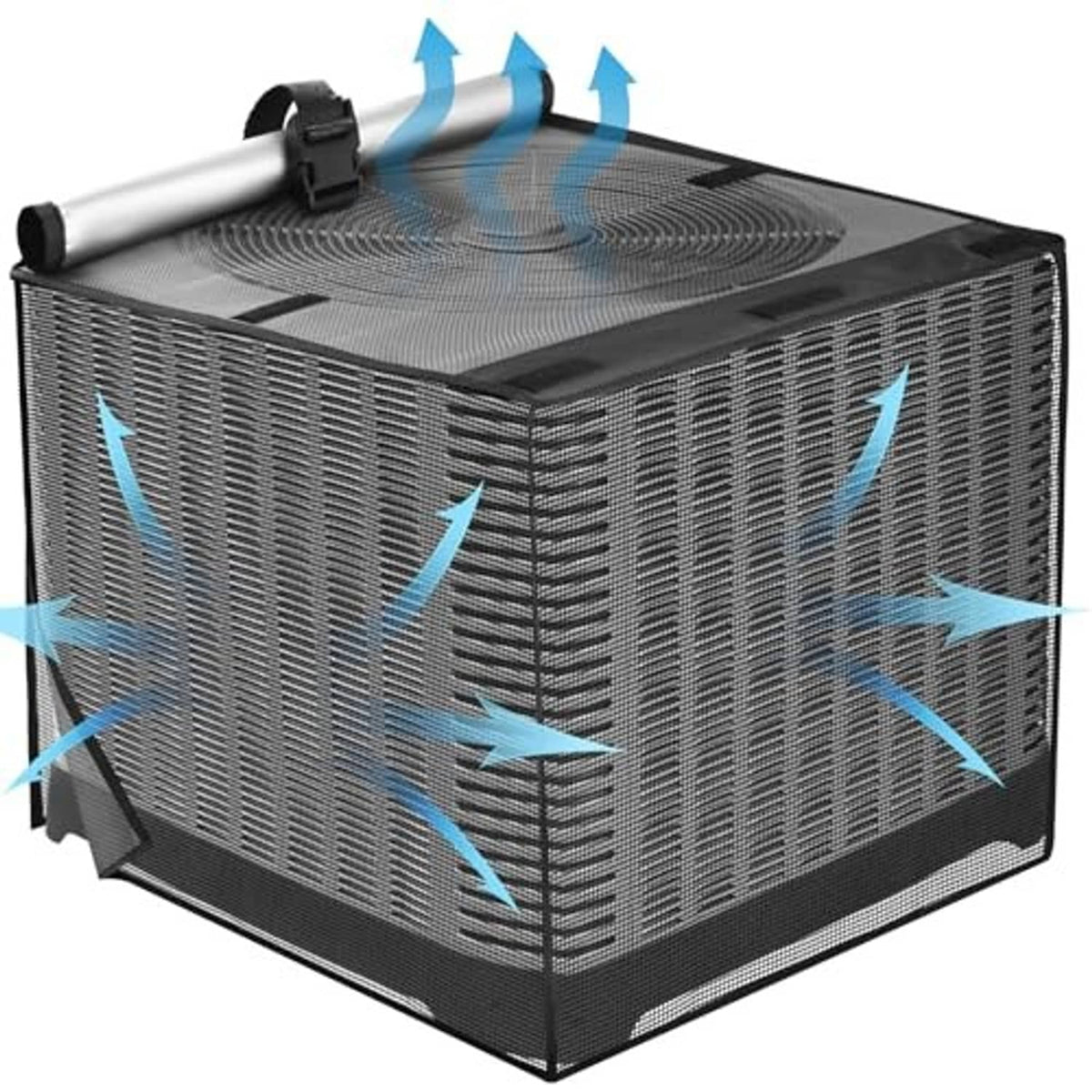 Black outdoor AC cover with breathable mesh wrap and raised top