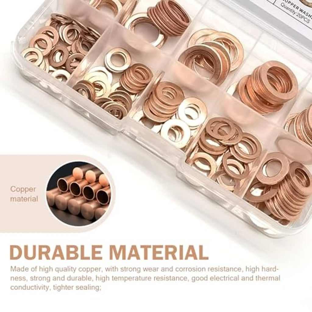 Close-up of copper flat ring washers in compartmented clear organizer