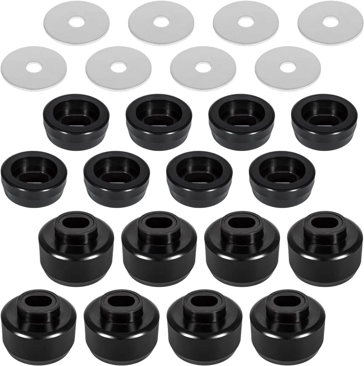 Cab mount bushing kit with black sleeves and gray washer plates, center holes