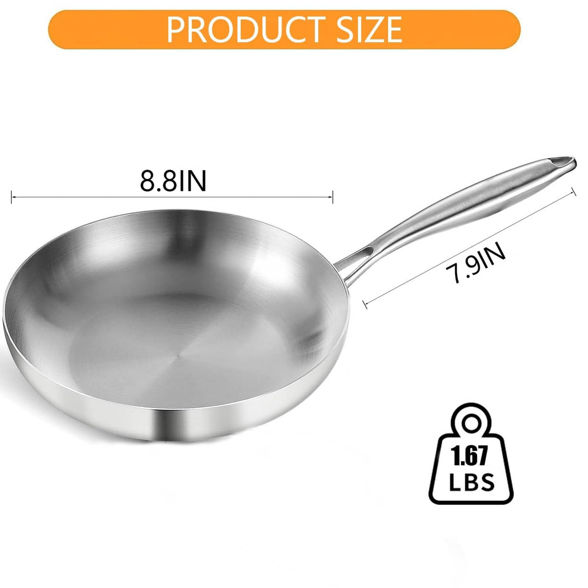Silver stainless steel 8-inch frying pan with long riveted handle