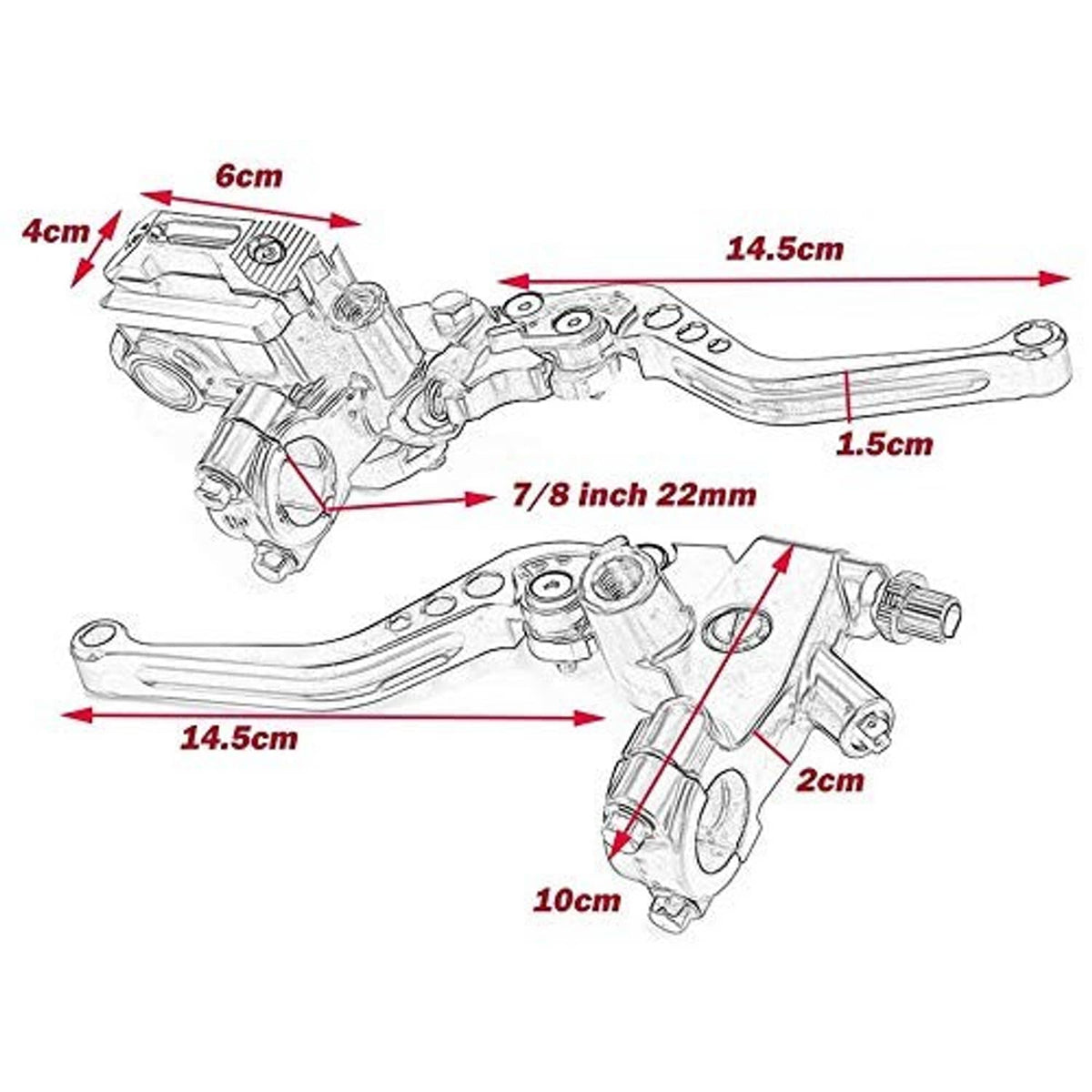 Red and black motorcycle brake clutch lever master cylinder set with dimension diagram